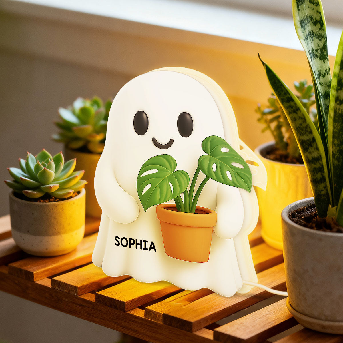 Halloween Boo Ghost Holding Plant - Personalized Light Box - Gift For Plant Lovers, Gardeners