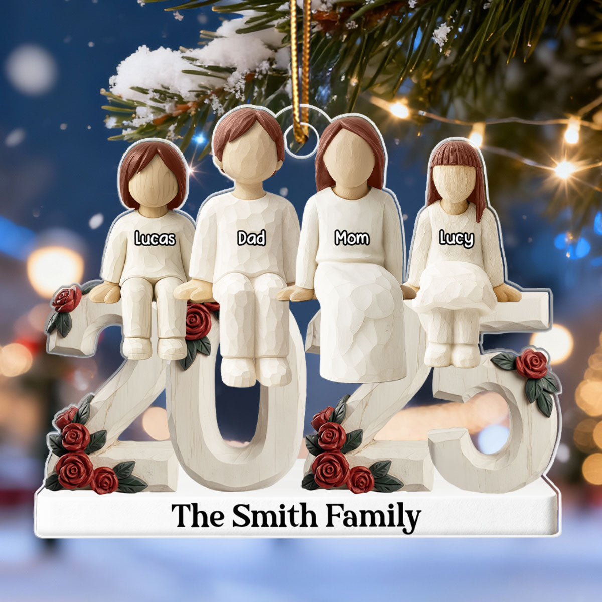 3D Effect Wooden Family Together 2025 - Personalized Acrylic Ornament - Heartwarming Christmas For Family