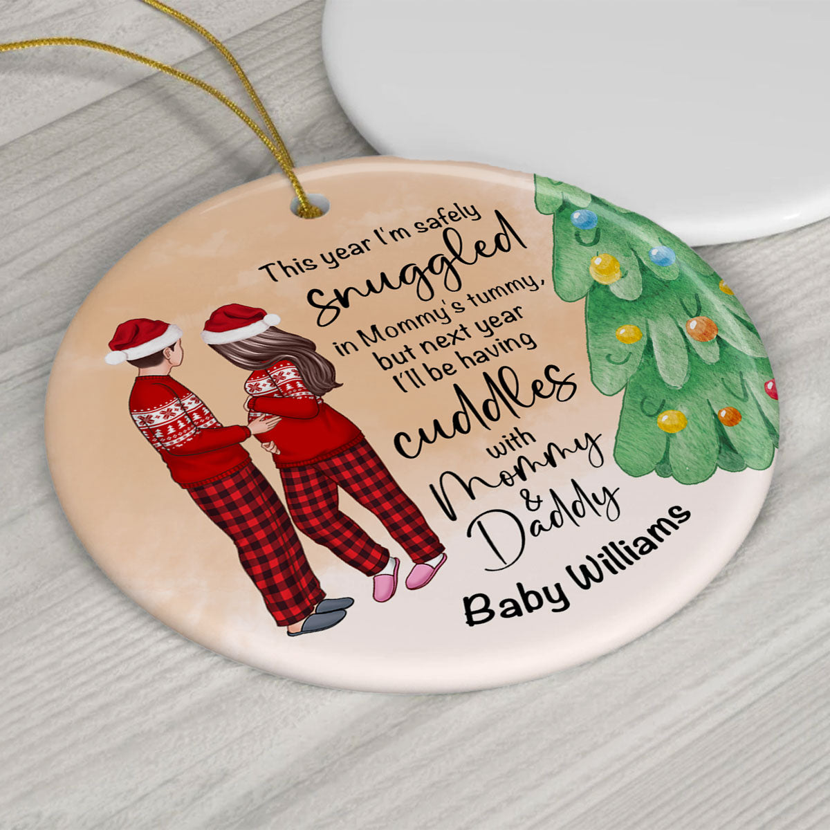 Bump Christmas, Pregnant Couple Ornament, Snuggled in Mommy's Tummy, Personalized Circle Ceramic Ornament