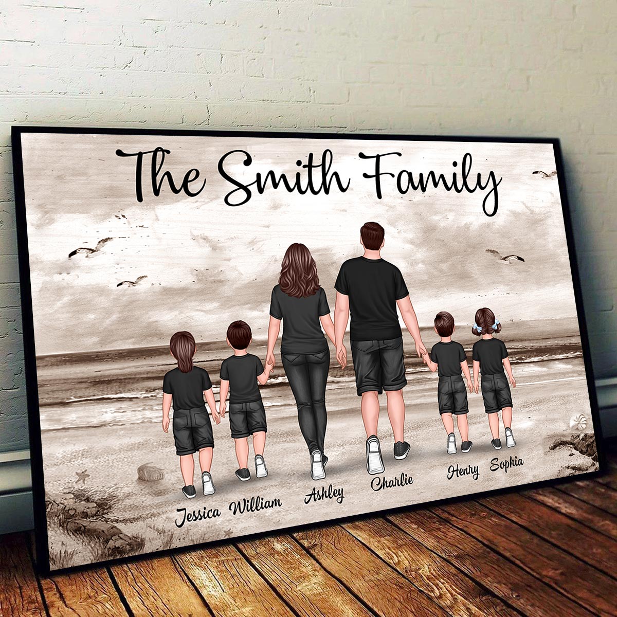 Family Walking At Beach Retro Vintage Personalized Horizontal Poster