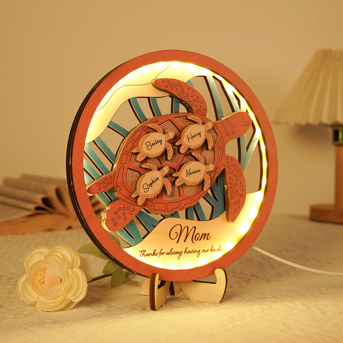 Grandma Mom Sea Turtle Personalized 3-Layered Wooden Plaque With LED, Gift for Mom, Grandma