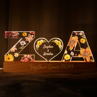 Couple Initial Letter, Flower Birth Month, Personalized LED Night Light, Romantic  Gift for her, Gift for him