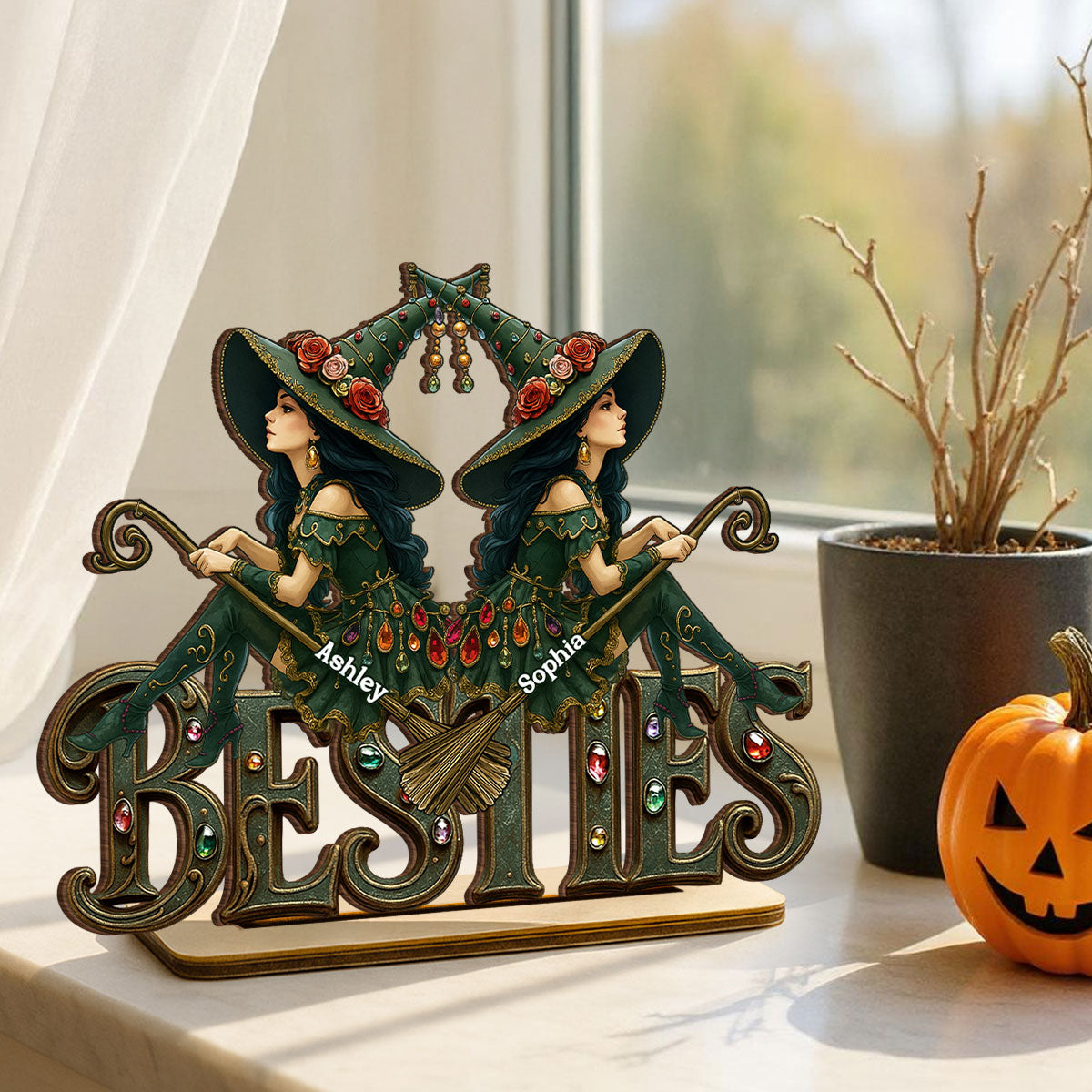 Halloween Gothic Vintage Besties Sisters Sitting On Text Personalized Standing Wooden Plaque