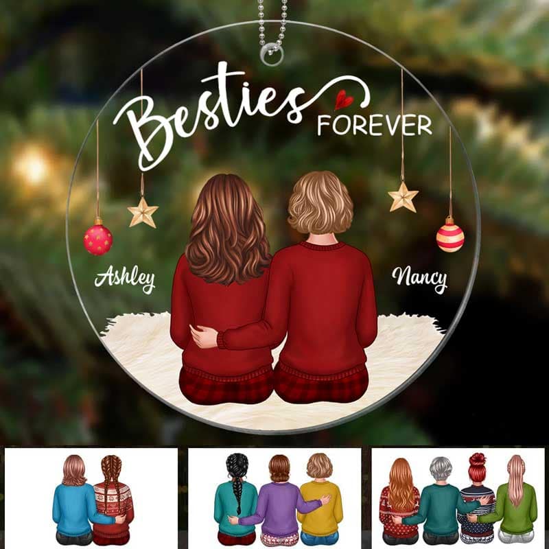Back View Besties Sisters Sitting Christmas Personalized Acrylic Ornament