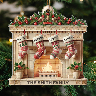 Christmas Retro Fireplace Family Christmas Stockings On Mantel 3D Effect Personalized Acrylic Ornament