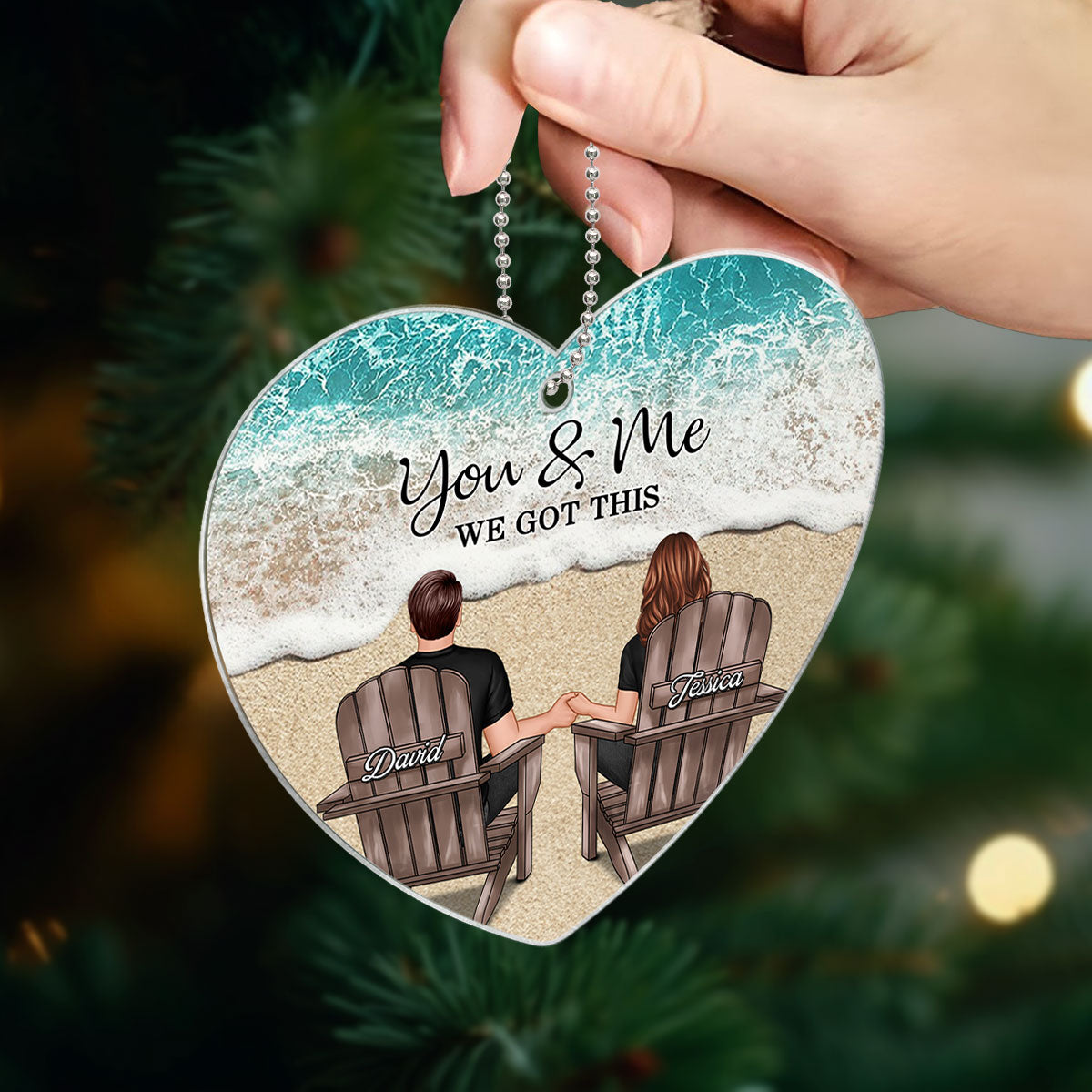 Couple We Got This Beach Landscape Personalized Heart Shaped Acrylic Ornament, Christmas Gift For Wife Husband