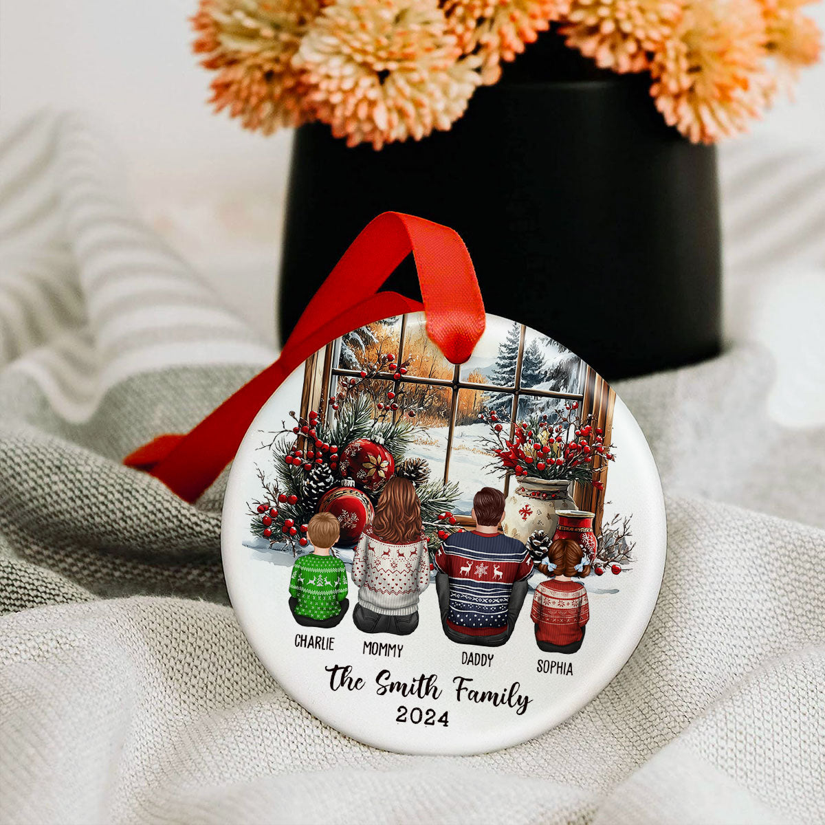 Family Sitting By The Window Personalized Ceramic Ornament, Christmas Gift for Siblings