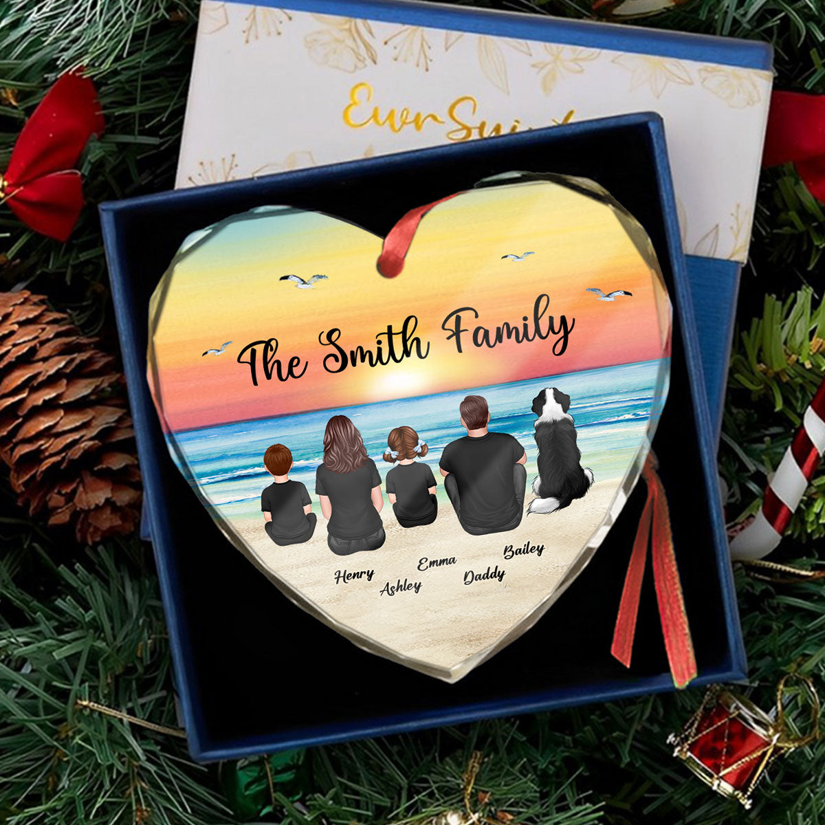 Family Sitting Back View Retro Vintage Beach Landscape Personalized Heart Glass Ornament