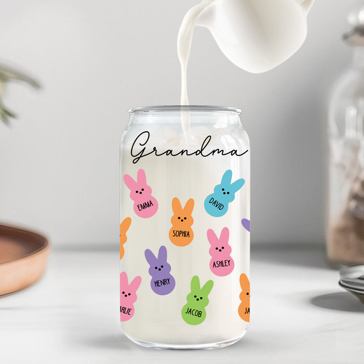 Grandma Mom Auntie Bunnies Easter Gift Personalized Clear Glass Can