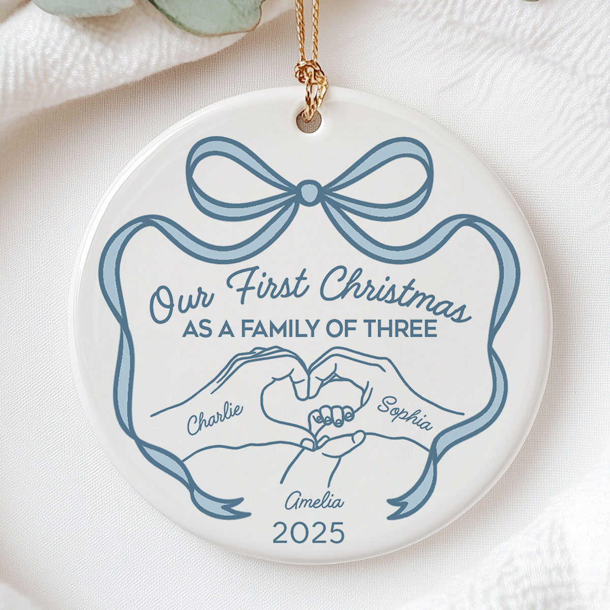 Family Heart Hand First Christmas As Family Of Three Christmas Personalized Ceramic Ornament