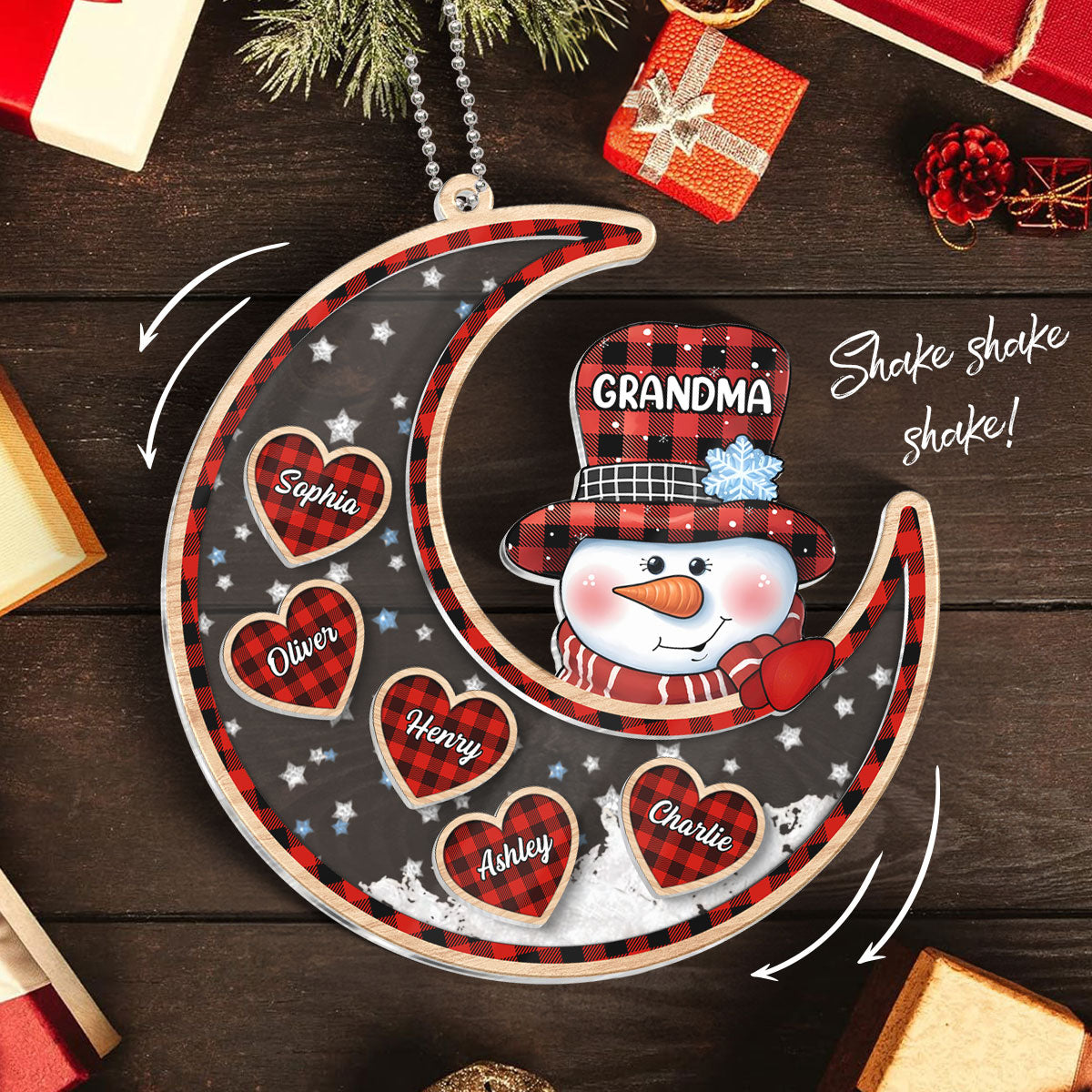 Grandma Snowman On Moon Personalized Shaker Ornament, Christmas Gift For Grandma & Grandchildren