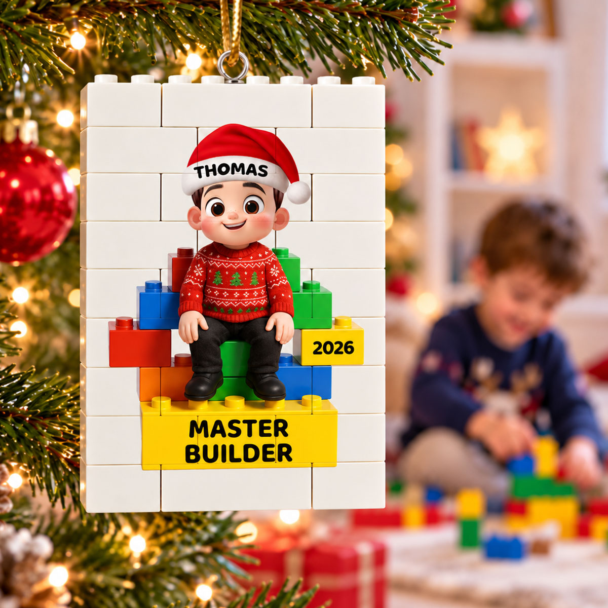 Little Kid Master Builder - Personalized Building Blocks Ornament - Christmas Gift For Kids, Son, Grandson, Daughter, Granddaughter