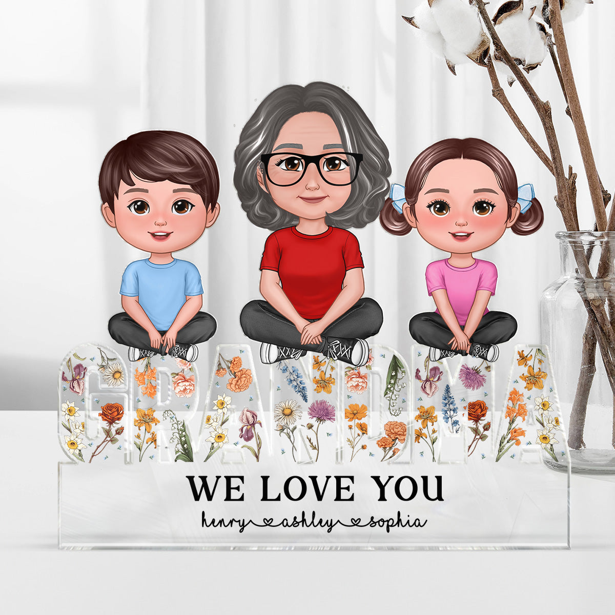 Grandma Granddaughters Grandsons Sitting On Word Vintage Flowers Personalized Acrylic Block Plaque