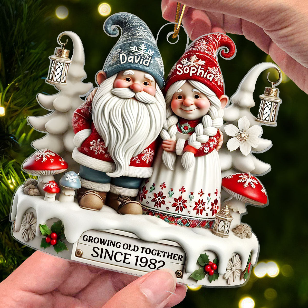 3D Effect Gnome Couple Together Personalized Acrylic Car Hanger Ornament, Valentine's Gift For Couple, For Him, For Her, Husband, Wife