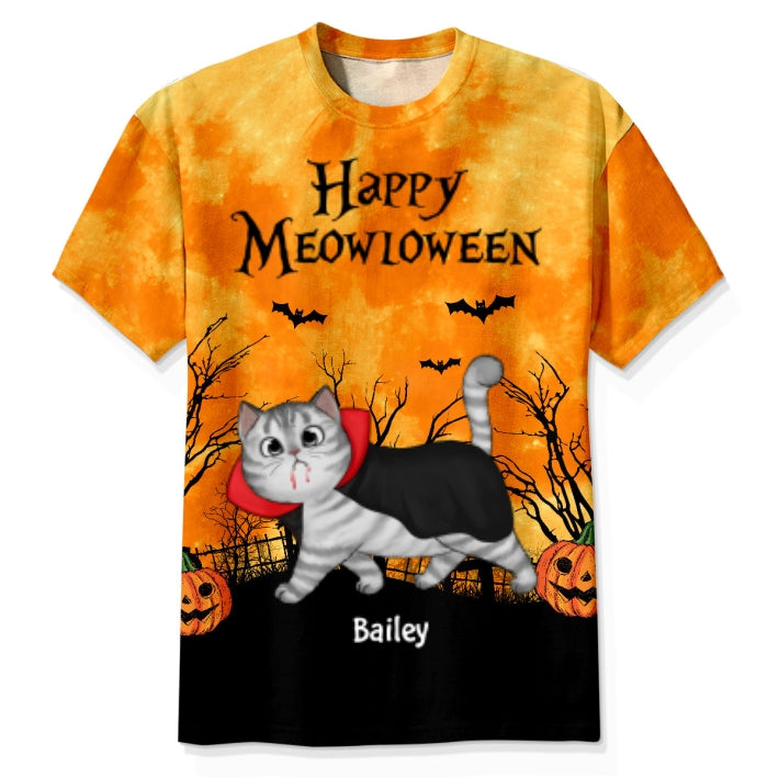 Cat Mom Halloween Moon Light Bat Tree Walking Cat Personalized Shirt, Purrfect Costume for Cat Lover