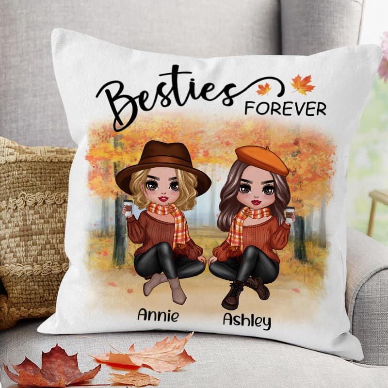 Doll Best Friends Besties Sitting Fall Season Personalized Pillow (Insert Included)