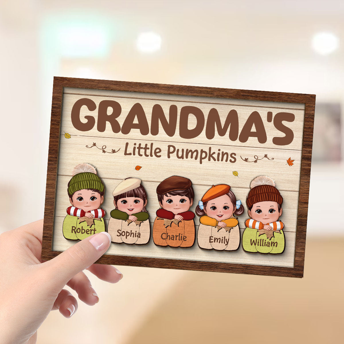 Cute Kids Grandma's Little Pumpkins Personalized 2 Layer Wooden Plaque