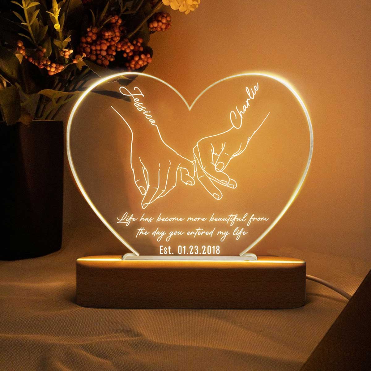 Simple Couple Name Hand In Hand Outline Personalized Heart Plaque with LED Night Light - Valentine‘s Day Gift - Anniversary Gift