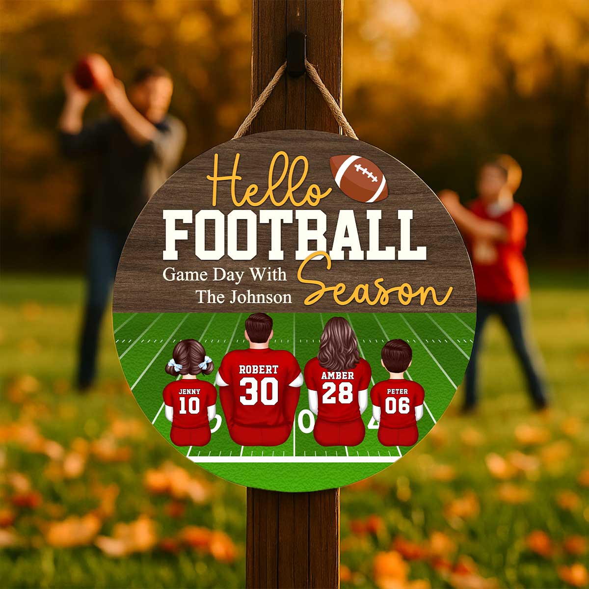 Hello Football Season Personalized Round Door Hanger, Family Fall Decor