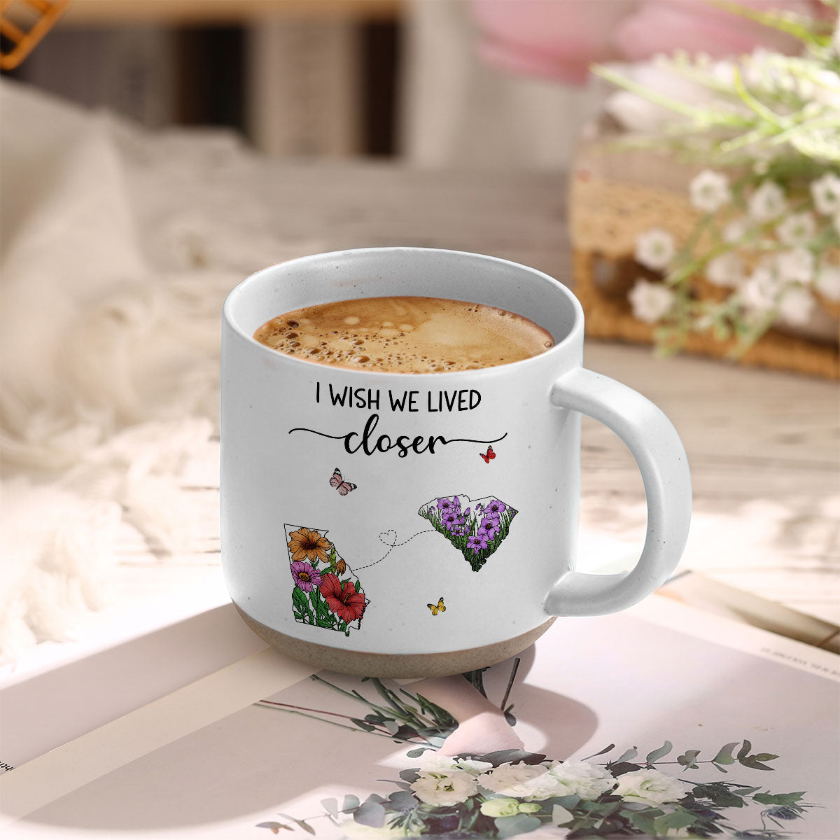 Wish We Lived Closer Wildflower State Map Personalized Pottery Mug