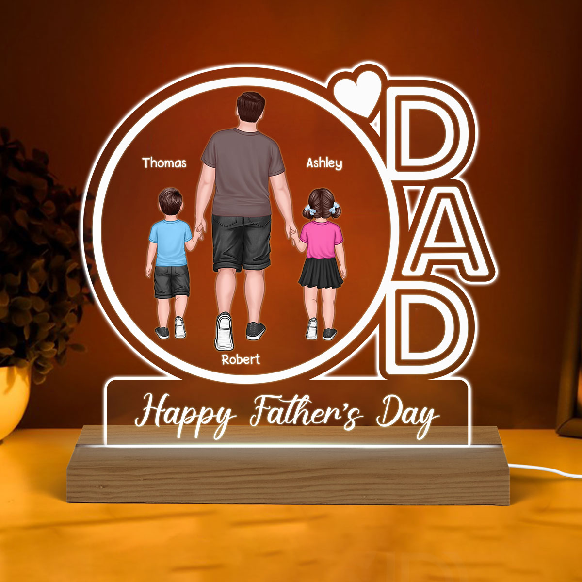 Dad We Love You Happy Father‘s Day Back View Walking Dad & Kids - Personalized Acrylic LED Night Light
