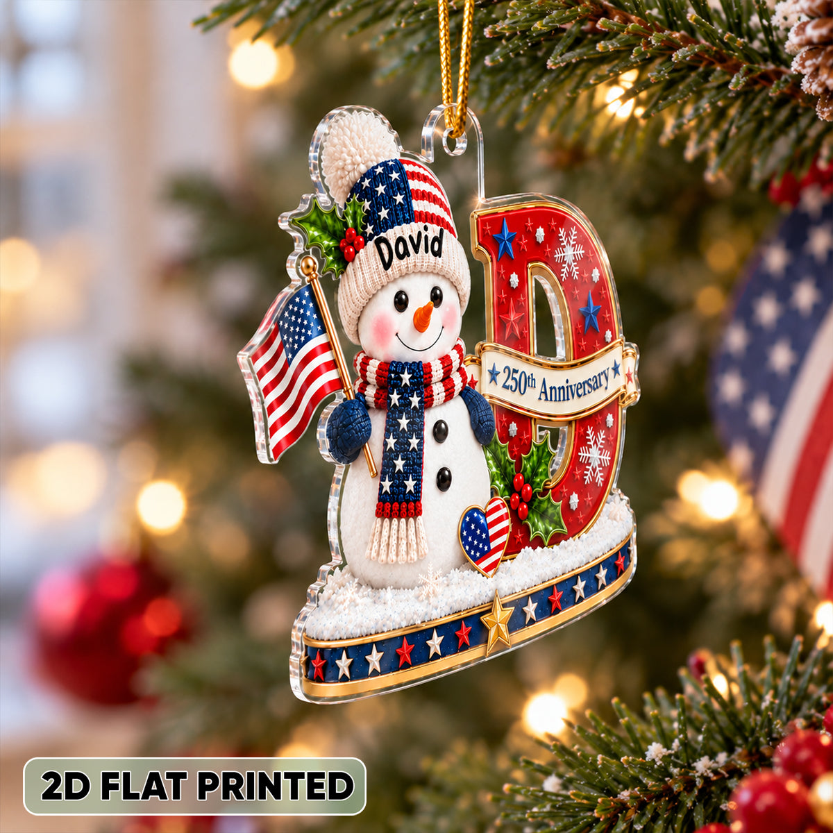Patriotic Snowman Initial Custom Name 2D Flat - Personalized Acrylic Ornament - USA 250th Anniversary Keepsake