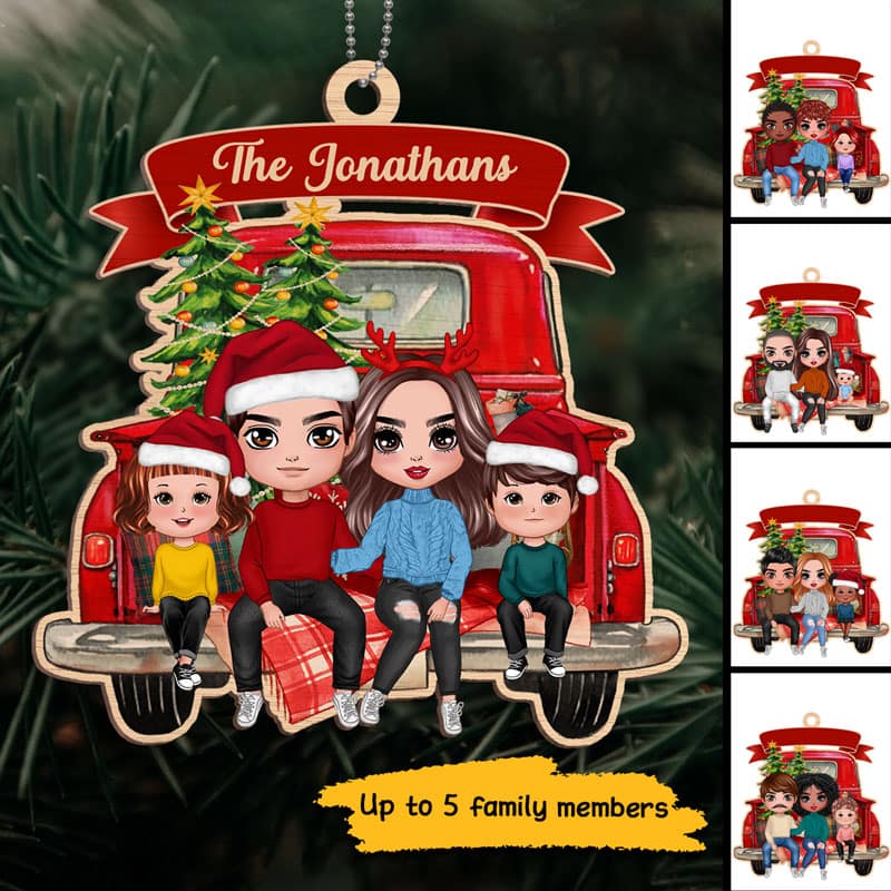 Family Couple On Christmas Truck Personalized Wooden Ornament
