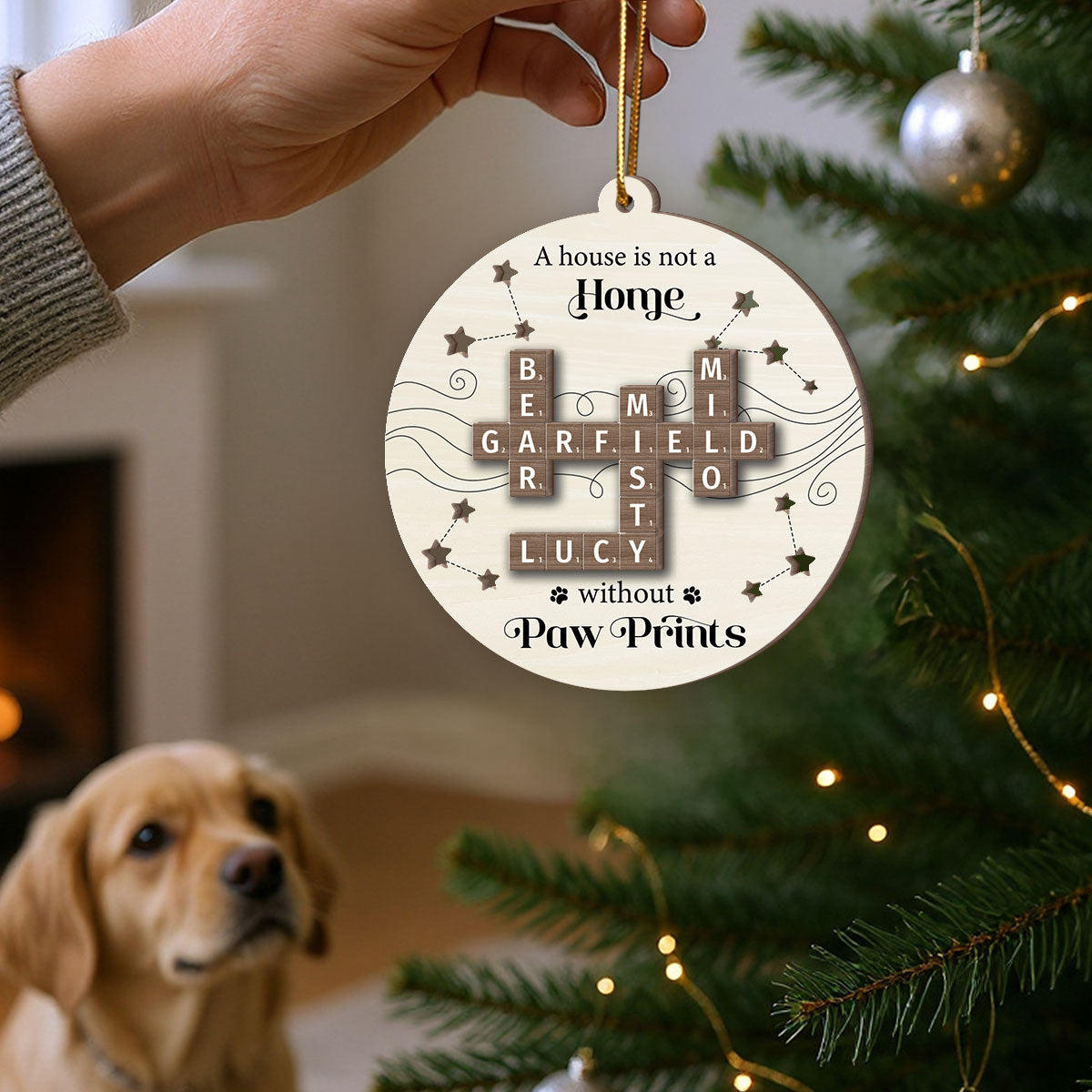 Christmas Pets Dogs Cats A House Is Not A Home Without Paw Prints Crossword Art Personalized 2-Layer Wooden Ornament