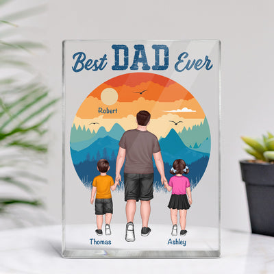 Best Dad Ever Walking Dad And Kids Retro Background Personalized Rectangle Acrylic Block Plaque