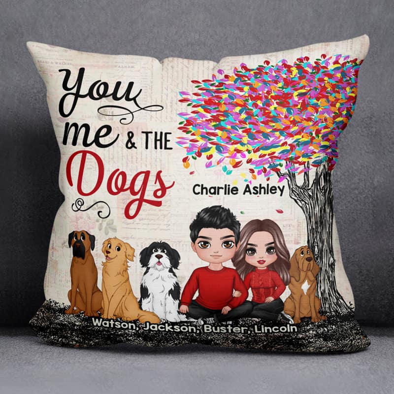 Embracing Couple With Dogs Under Colorful Tree Personalized Pillow (Insert Included)