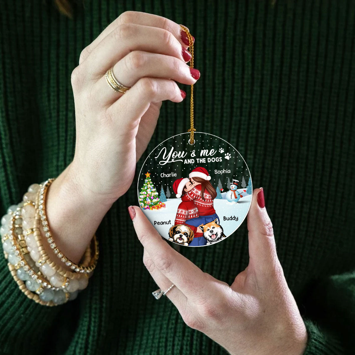 Couple And The Dogs In Winter Night Personalized Acrylic Ornament, Christmas Gift For Him, For Her, Gift For Pet Lovers