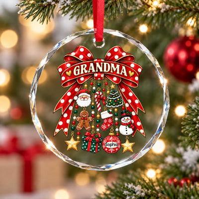 Grandma Retro Christmas Charm Bow - Personalized Glass Ornament - Trendy Christmas for Grandma