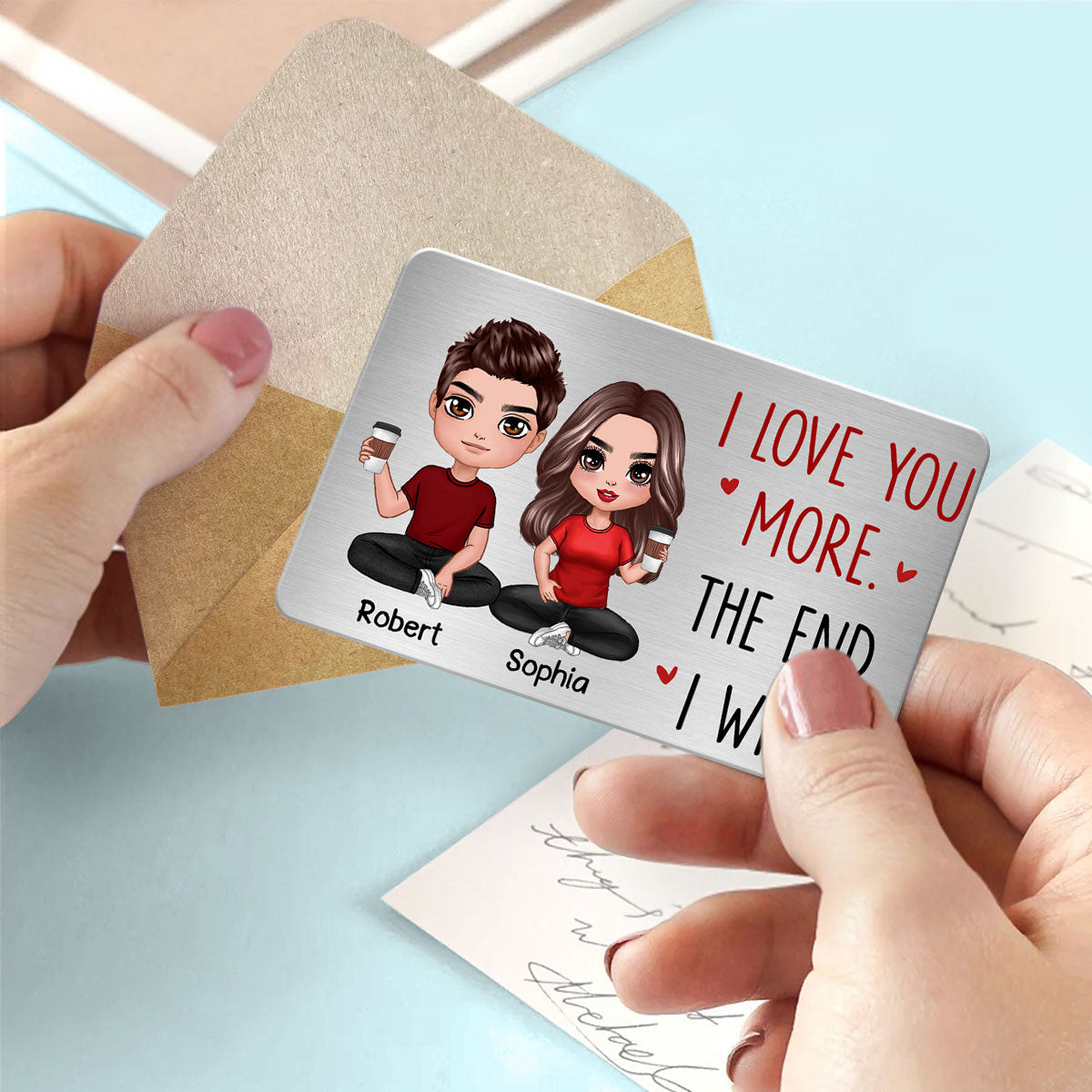 Doll Couple Sitting I Love You More Gift For Him Gift For Her Personalized Metal Wallet Card
