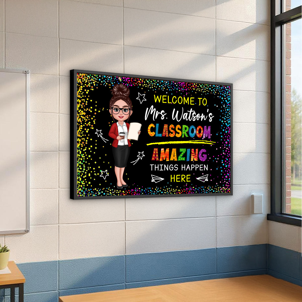 Classroom Amazing Things Happen Here Personalized Motivational Poster, Teacher Classroom Decor