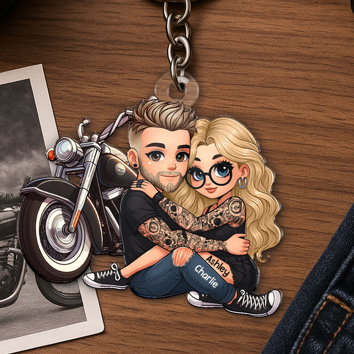 Biker 3D Cartoon Effect Couple Personalized Acrylic Keychain, Gift for her, Gift for him, Motorcycle Lovers