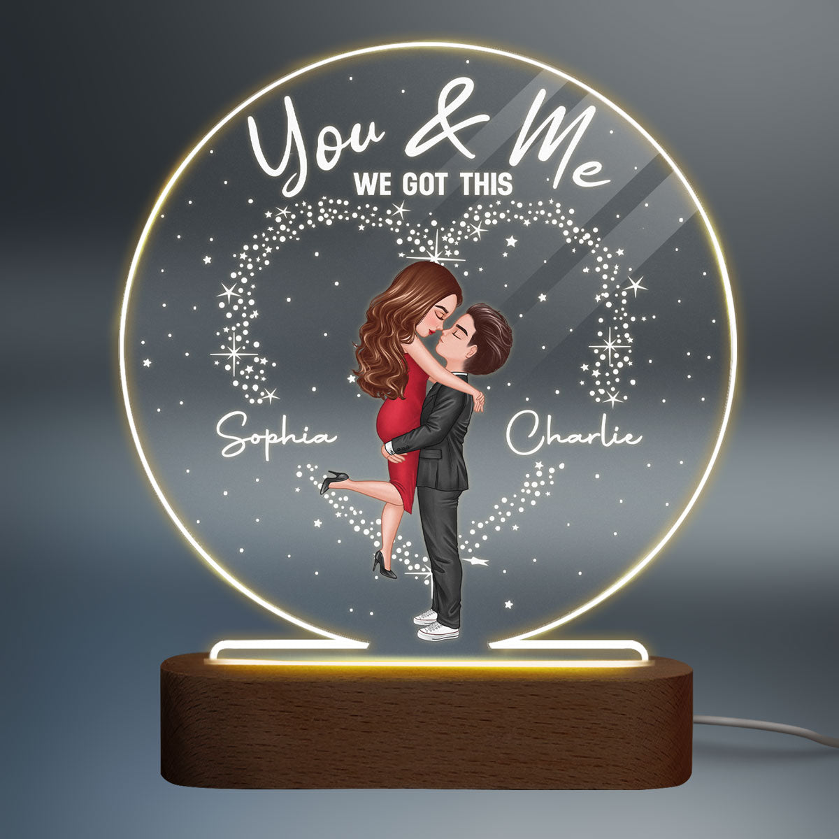 Couple Holding Kissing Personalized Circle Plaque LED Night Light - Valentine‘s Day Gift - Gift For Him - Gift For Her