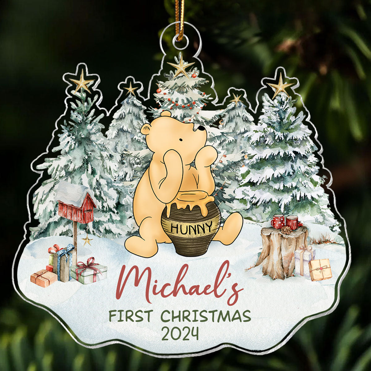 Cute Bear Character Baby's First Christmas Personalized Acrylic Ornament, Christmas Gift For Newborns, New Parents