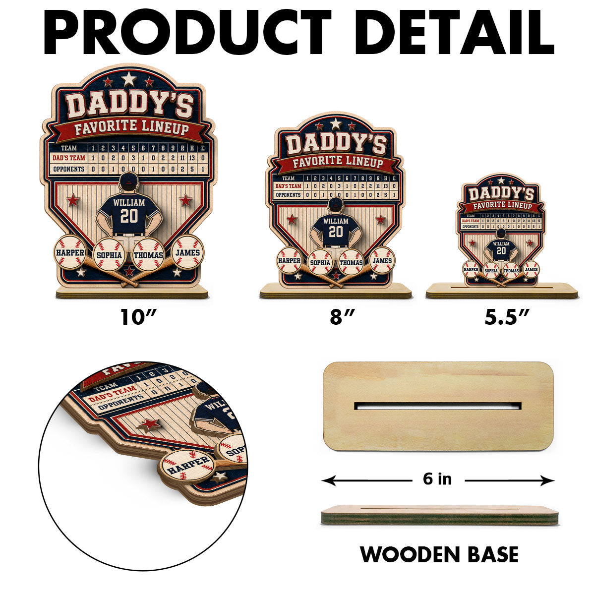 Baseball Dad Favorite Lineup - Personalized Wooden Plaque - Father's Day Gift for Dad, Husband