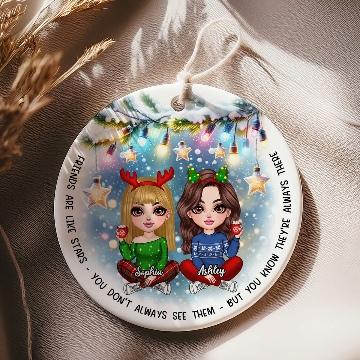Besties Christmas Tree Light Star Personalized Circle Ceramic Ornament