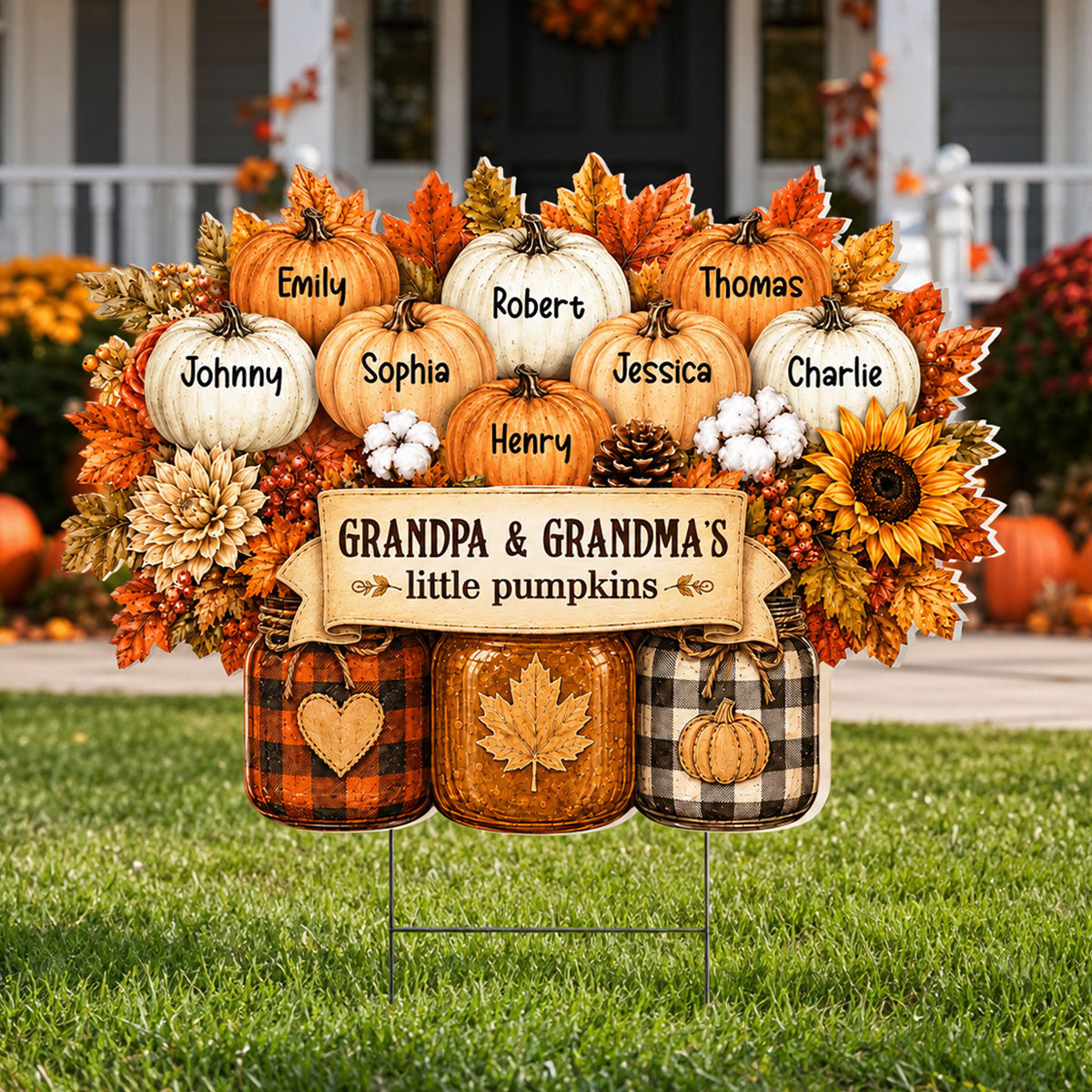 Cozy Warm Fall Season Mason Jars Pumpkins - Personalized Yard Sign - Fall Decor For Grandparents