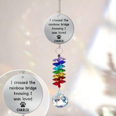 Pet Dog Cat Memorial Crossed The Rainbow Bridge Personalized Crystal Suncatcher With Aluminum Charm