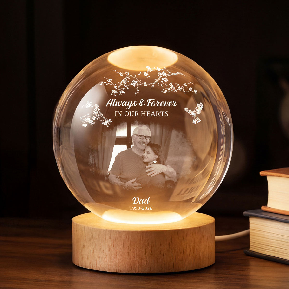 Always and Forever in Our Hearts - Personalized Crystal Ball LED Night Light - Heartfelt Memorial Keepsake, Memorial Gift For Loss Of Father, Mom