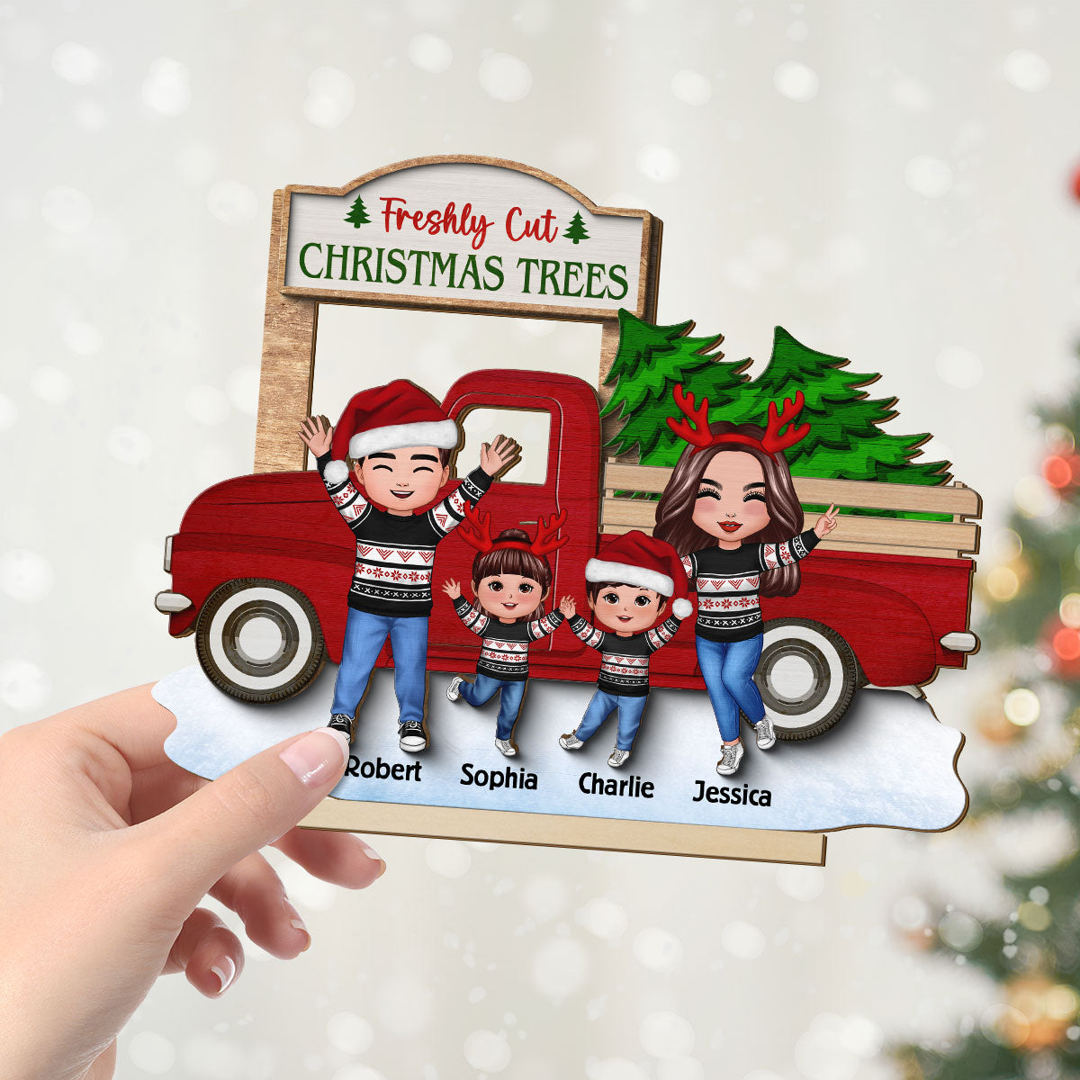 Happy Family With Christmas Truck Personalized 2-Layer Standing Wooden Plaque, Christmas Decoration, Tiered Tray Decor