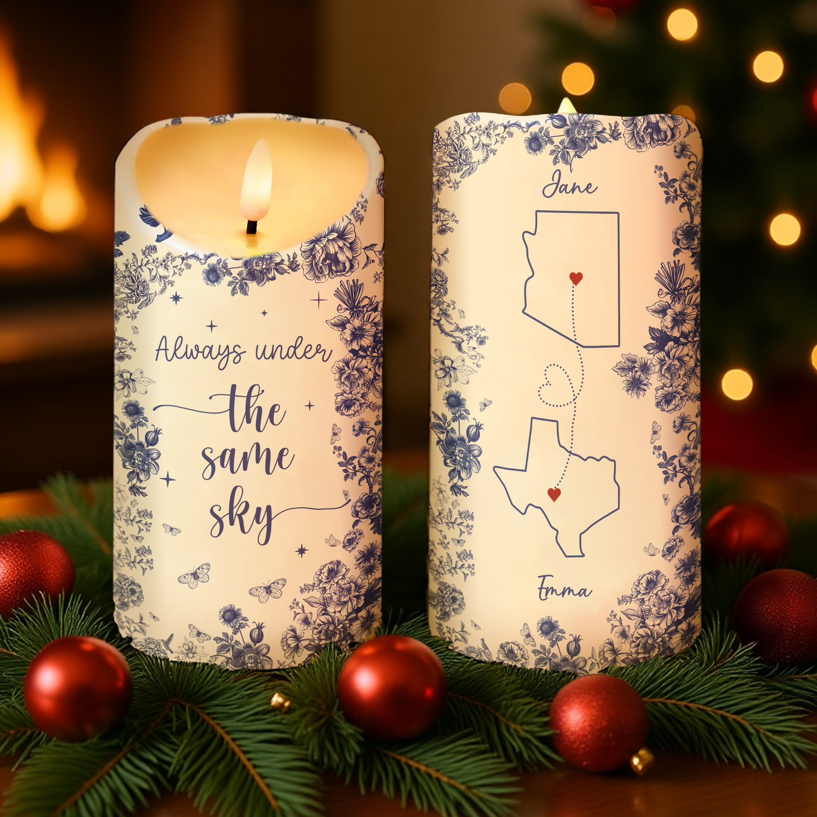 Chinoiserie Pattern Long Distance Besties Always Under The Same Sky Personalized LED Candle