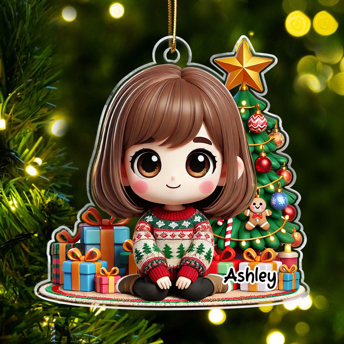 Cute Granddaughter Grandson Kid Sitting With Christmas Tree And Gift Personalized Acrylic Ornament, Gift For Grandkids