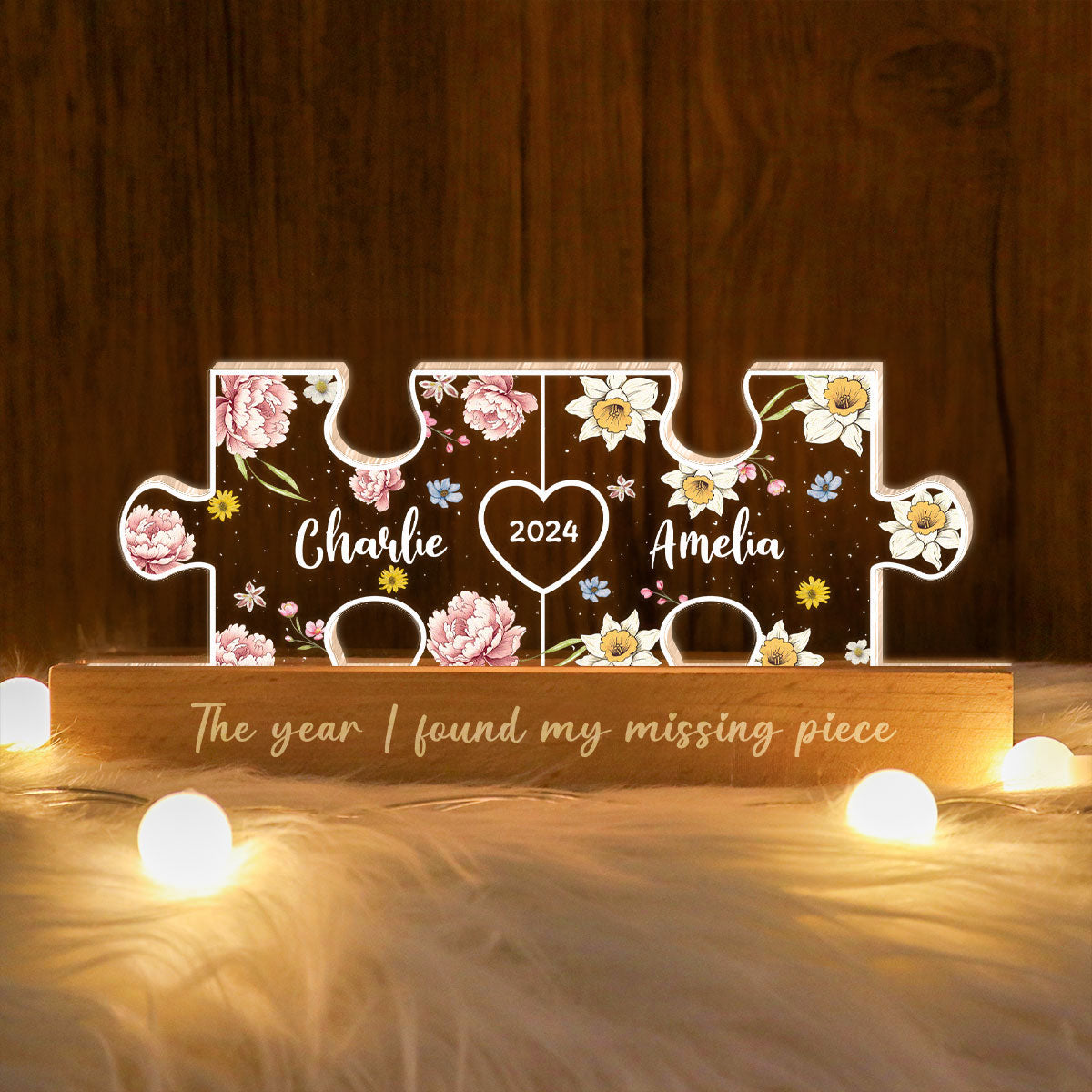 Couple Puzzle Birth Month Flower Theme Anniversary Gift Personalized Acrylic LED Night Light, Heartfelt 2025  Gift, Anniversary Gift For Her, For Girlfriend, For Wife