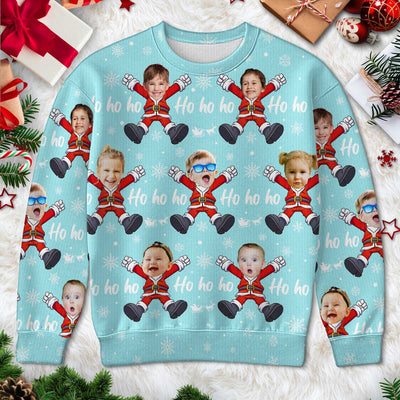 Ho Ho Ho Family Photo Upload Funny Christmas Personalized Faux Knit Ugly Sweater