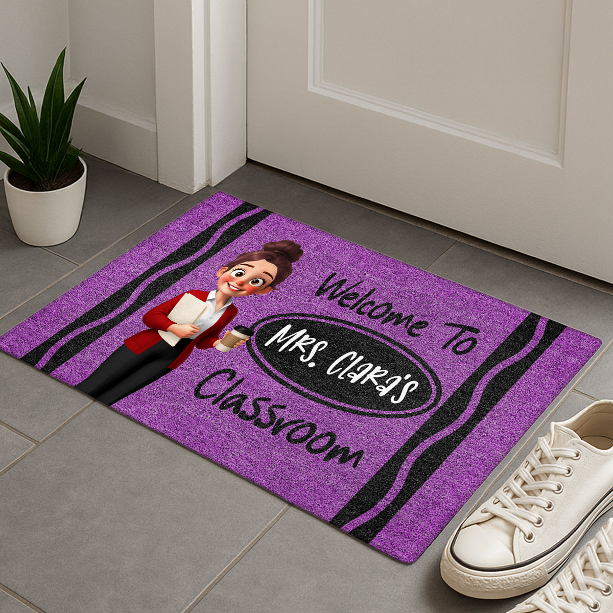 Cute Cartoon Teacher Crayon Welcome To Classroom Personalized Doormat