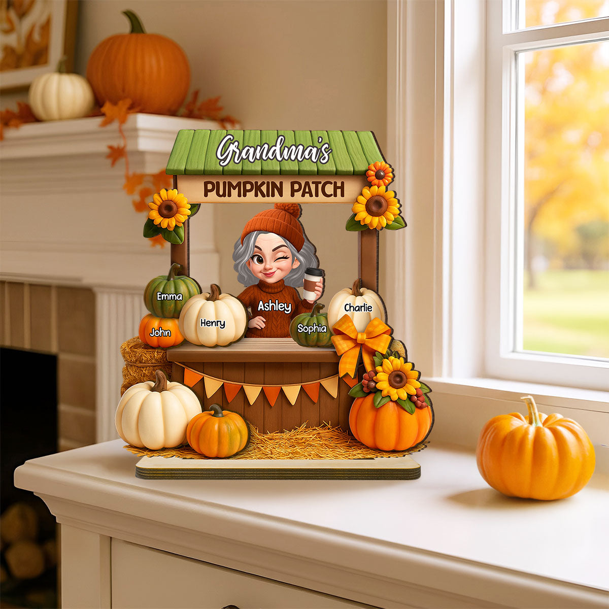 Grandma Mom Fall Season Pumpkin Stand 3D Effect Personalized Wooden Plaque