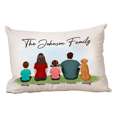 Family Name Family Back View Sitting Kid Dog Cat Personalized Pillow